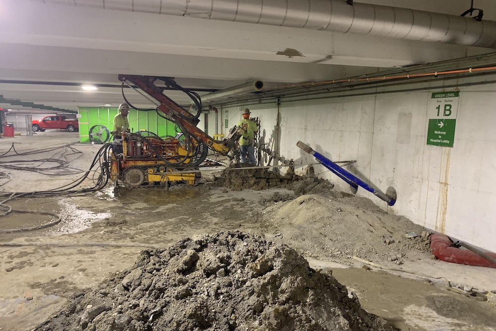 wall tiebacks in the parking garage for lateral support